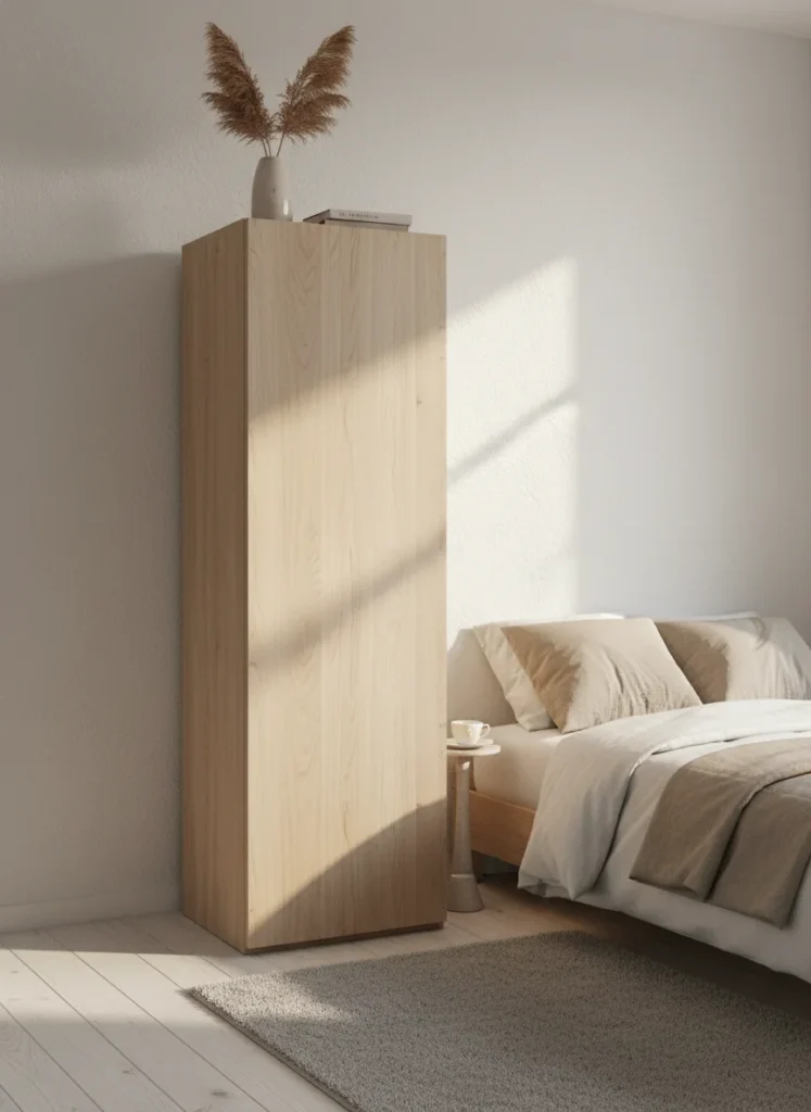Editorial interior photography of a corner of a 10x10 bedroom showing a tall narrow wardrobe approximately 72 inches high and 24 inches wide in white or light wood finish, the wardrobe uses vertical wall height rather than floor depth, the floor beside it is completely clear, the tall vertical form of the wardrobe creates an upward visual line that makes the ceiling feel higher, minimal styling on top, warm morning light, no people, photorealistic, ultra high resolution, vertical portrait 1000x1500