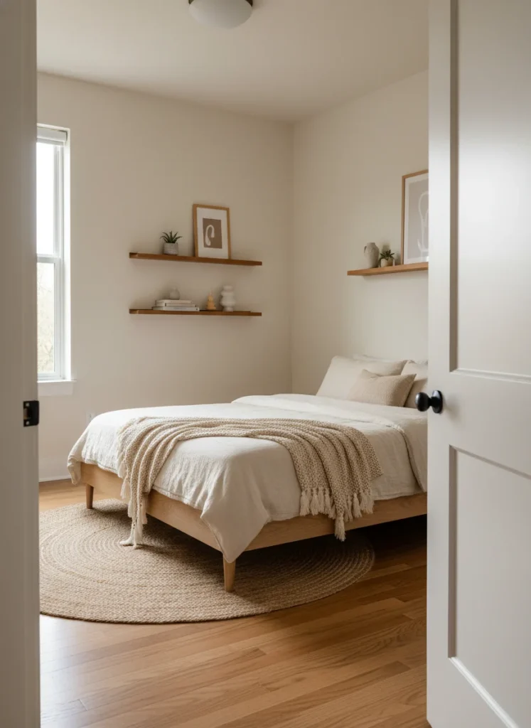 Editorial interior photography of a 10x10 bedroom viewed from the doorway, the floor is almost completely clear with only a small jute rug under and around the bed, no dresser on the floor, floating shelves on the walls instead of floor furniture, the low platform bed with its legs visible creates an open feeling at floor level, the visible floor makes the room feel twice the actual size, warm natural light, cream and natural wood palette, no people, photorealistic, ultra high resolution, vertical portrait 1000x1500