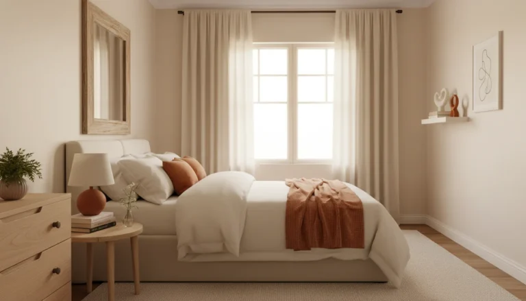 Editorial interior photography of a beautifully styled small bedroom that looks expensive but cost nothing to change, furniture rearranged so the bed is centered on the main wall, mirror repositioned to face the window doubling the natural light, curtains hung at ceiling height, surfaces edited down to only three to four intentional objects, layered bedding with throw folded neatly at the foot, warm golden morning light, cream and terracotta palette, no people, photorealistic, ultra high resolution, vertical portrait 1000x1500