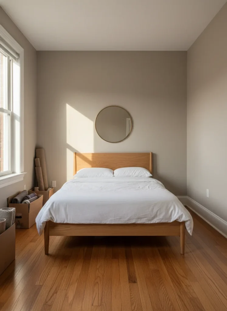 Editorial interior photography of a small bedroom mid-rearrangement process, the bed has been moved from the corner to the center of the main wall creating symmetry, floor space is visible on both sides of the bed, the room already feels more intentional and spacious from just this one change, warm afternoon light, simple white bedding, no people, photorealistic, ultra high resolution, vertical portrait 1000x1500