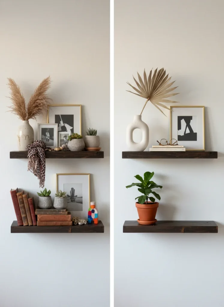  Editorial interior photography showing two versions of the same bedroom shelf side by side, left version: shelf crowded with 12 objects of varying heights and no visual logic, right version: same shelf with only four objects remaining, each given breathing room and placed with intention, the edited version looks significantly more expensive despite being the same objects, warm side lighting, no people, photorealistic, ultra high resolution, vertical portrait 1000x1500