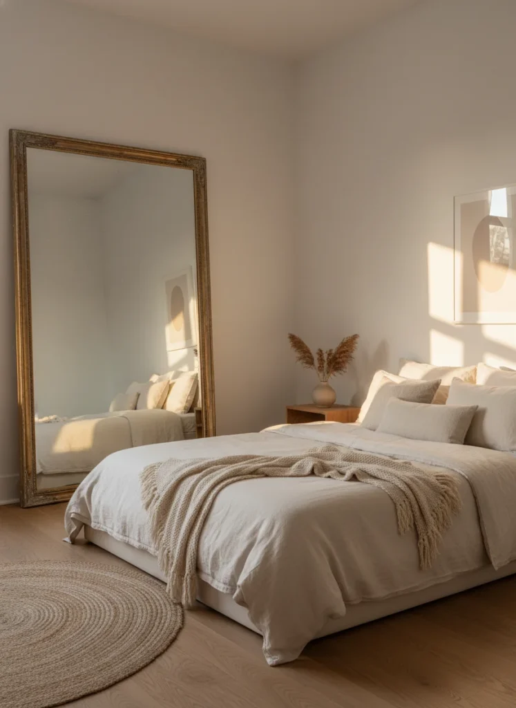 Editorial interior photography of a small bedroom showing a large leaning mirror repositioned on the wall directly across from the window, the mirror visibly reflects the window light back into the room making the space appear twice as bright and significantly larger, cream bedding on a low bed, warm natural morning light filling the room through the mirror reflection, no people, photorealistic, ultra high resolution, vertical portrait 1000x1500