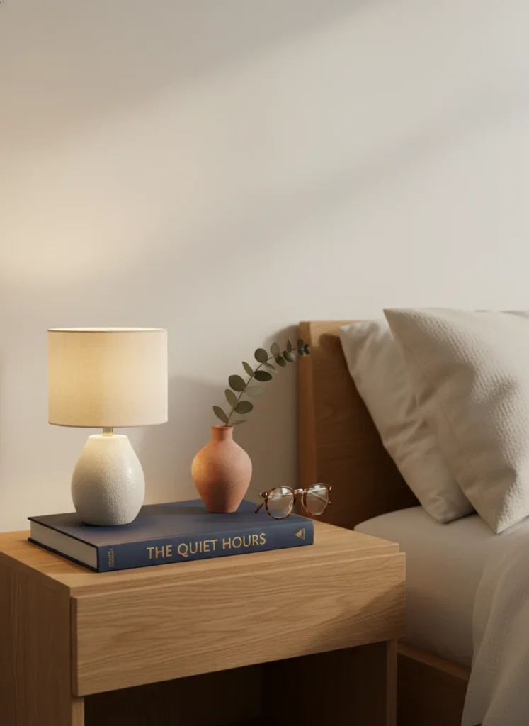  Editorial interior photography of a small bedroom nightstand styled with editorial precision, exactly four objects: a small ceramic lamp with warm light on, one hardcover book placed flat as a base, a small terracotta vase with a single dried stem, and a folded pair of glasses, the nightstand surface has visible empty space around each object, warm bedside lamp light, cream walls, no people, photorealistic, ultra high resolution, vertical portrait 1000x1500
