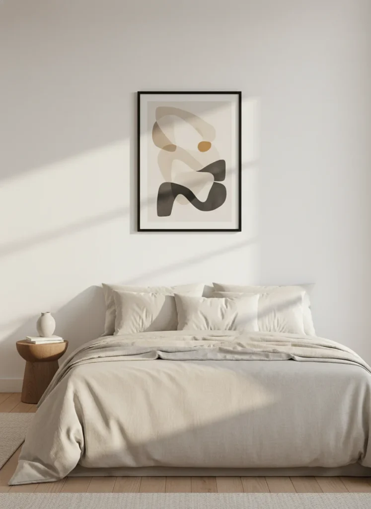  Editorial interior photography of a small bedroom wall completely cleared, the bare white wall is visible next to a bed with cream linen bedding, a single large abstract print in a matte black frame has been hung at eye level in the center of the wall as the starting point for rebuilding the display, the restraint and simplicity of the single piece makes it look deliberate and expensive, warm afternoon light, no people, photorealistic, ultra high resolution, vertical portrait 1000x1500