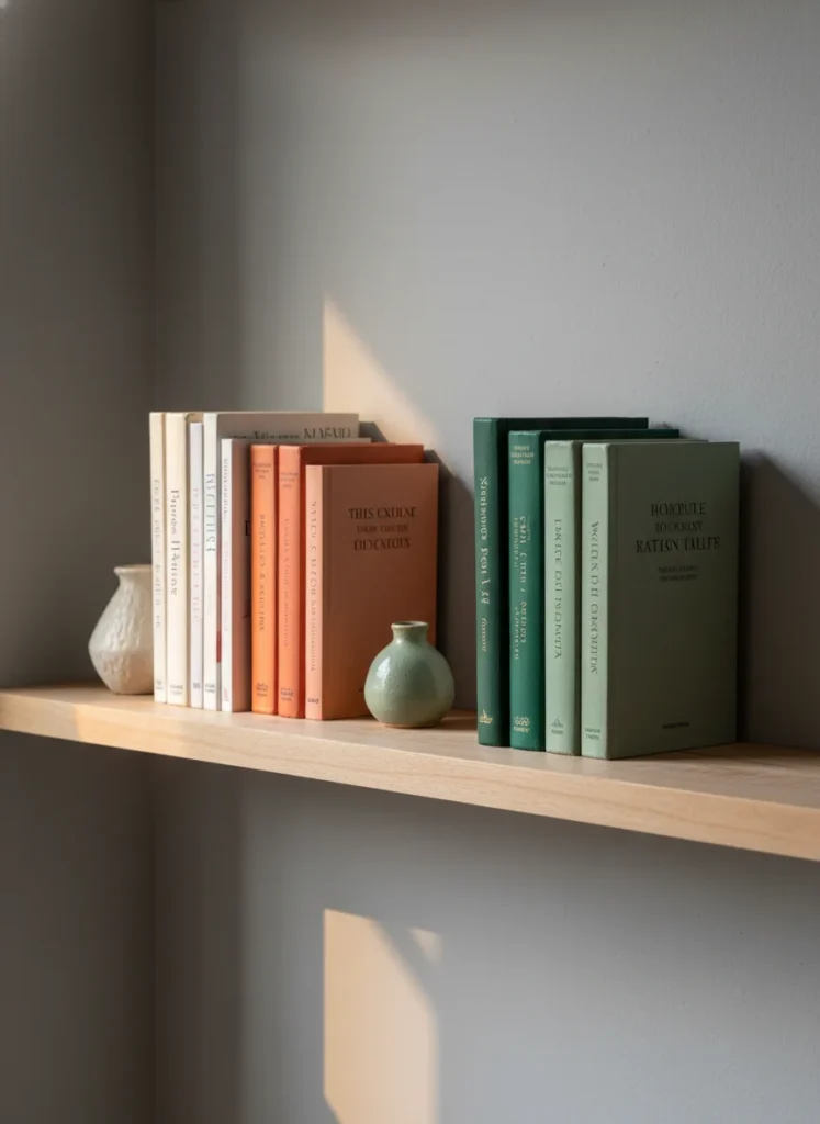 Editorial interior photography of a floating bedroom shelf showing books grouped by color spine, from left to right: three white and cream spines, then two terracotta and orange tones, then two sage green and dark green, the color grouping turns a random book collection into a styled visual display that looks intentional and designed, a small ceramic vase between the groupings, warm side lighting, no people, photorealistic, ultra high resolution, vertical portrait 1000x1500