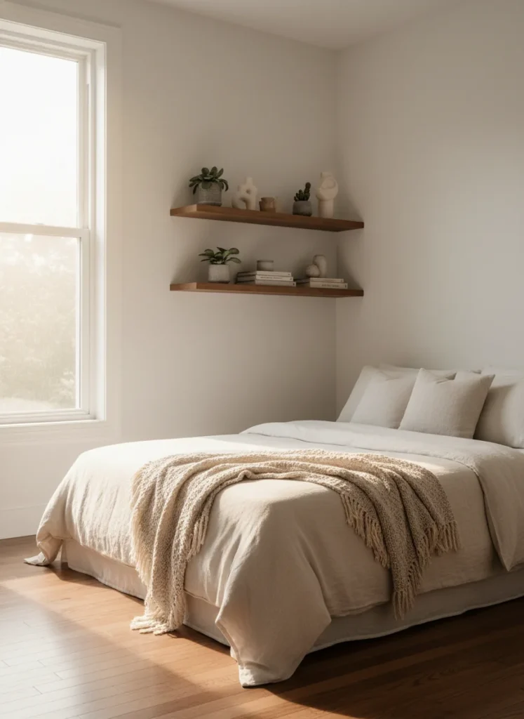  Editorial interior photography of a small bedroom window cleaned to perfect clarity showing the full natural light coming through, the before-version impression is suggested by the brightness contrast, the clean window is allowing full warm morning sunlight to illuminate the bedroom including a cream linen bed and floating shelves, the natural light makes every surface in the room look better, no people, photorealistic, ultra high resolution, vertical portrait 1000x1500