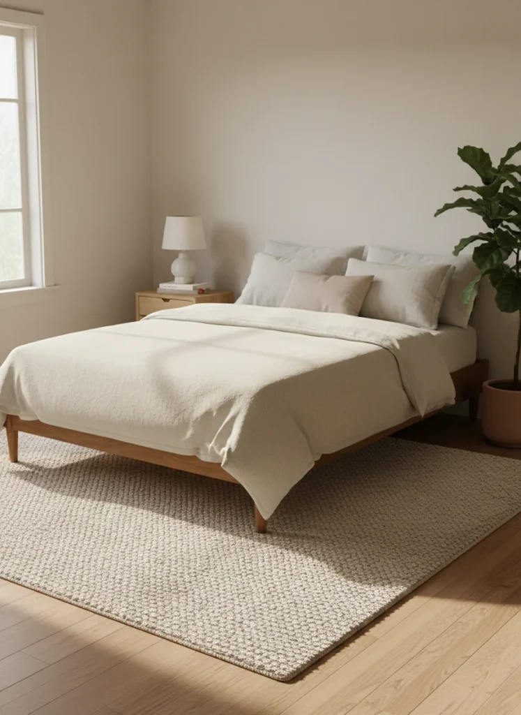  Editorial interior photography of a small bedroom rug repositioned so the front legs of the bed and the sides of the bed frame rest on the rug rather than the rug sitting in front of the bed, the rug extends under and around the bed anchoring it to the floor and making the room feel more designed and intentional, warm morning light, cream and jute tones, no people, photorealistic, ultra high resolution, vertical portrait 1000x1500