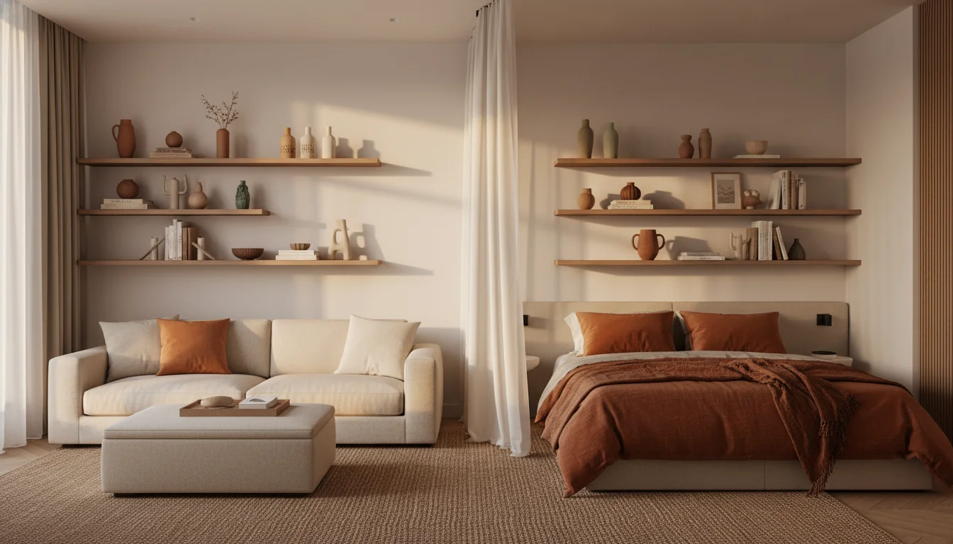Editorial interior photography of a studio apartment under 400 square feet that looks expensive and thoughtfully designed, the sleeping area is separated from the living area by a sheer curtain panel hung from a ceiling track, a large area rug in warm jute anchors the living zone with a cream sofa and a storage ottoman as the coffee table, the sleeping area has a low platform bed with terracotta bedding, floating shelves on every available wall, consistent warm earthy palette throughout, warm evening light, no people, photorealistic, ultra high resolution, vertical portrait 1000x1500