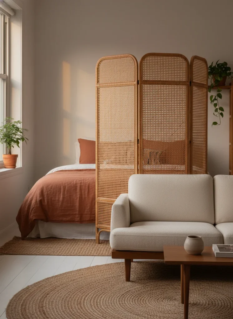 Editorial interior photography showing a studio apartment under 400 square feet with a freestanding rattan room divider positioned between the sleeping area and the living area, the divider is approximately 5 feet tall and 4 feet wide with a warm woven texture, the bed is visible behind it with terracotta bedding, the living area in front has a cream sofa and a jute rug, the divider creates psychological separation between the two zones without blocking light or making the studio feel smaller, warm evening light, no people, photorealistic, ultra high resolution, vertical portrait 1000x1500