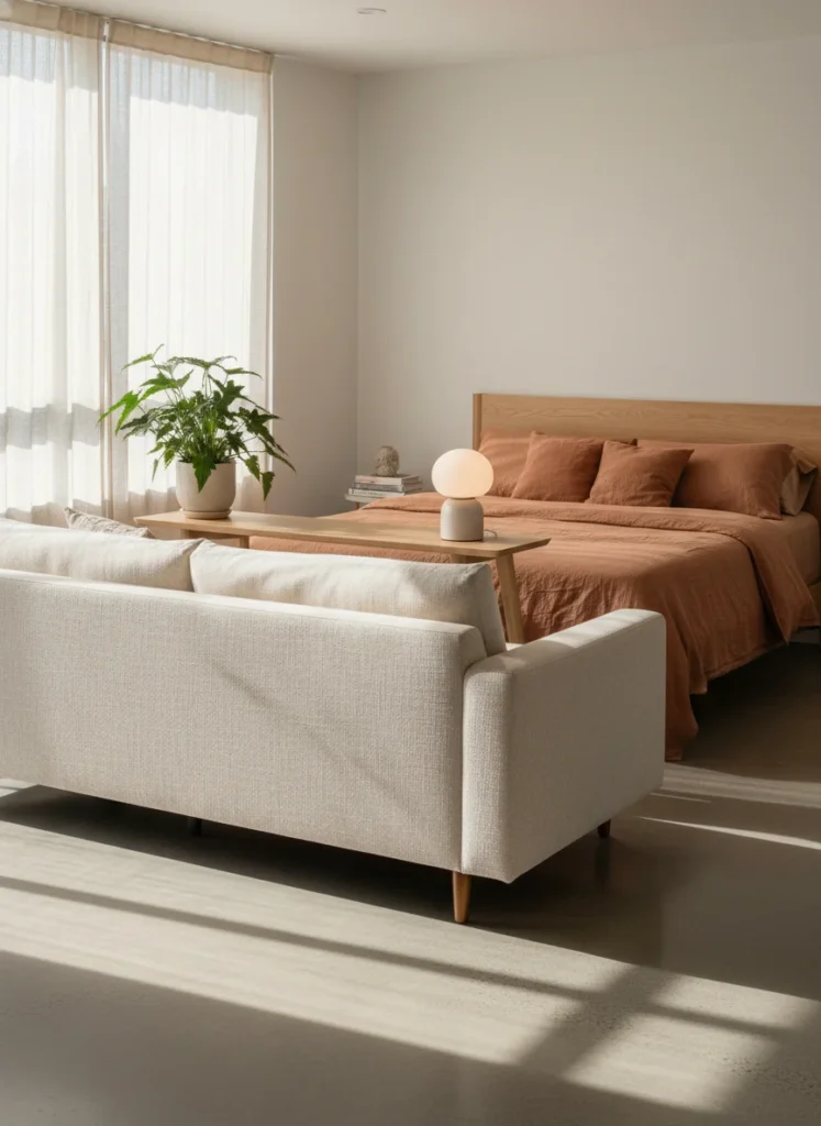 Editorial interior photography of a studio apartment under 400 square feet showing the back of a cream sofa facing toward the main window and away from the sleeping area behind it, the sofa back functions as a visual divider reinforcing the zone separation, a low console table sits behind the sofa holding a plant and a small lamp, the sleeping area is visible behind the divider with a terracotta bedding color providing a warm visual anchor, warm afternoon light, no people, photorealistic, ultra high resolution, vertical portrait 1000x1500