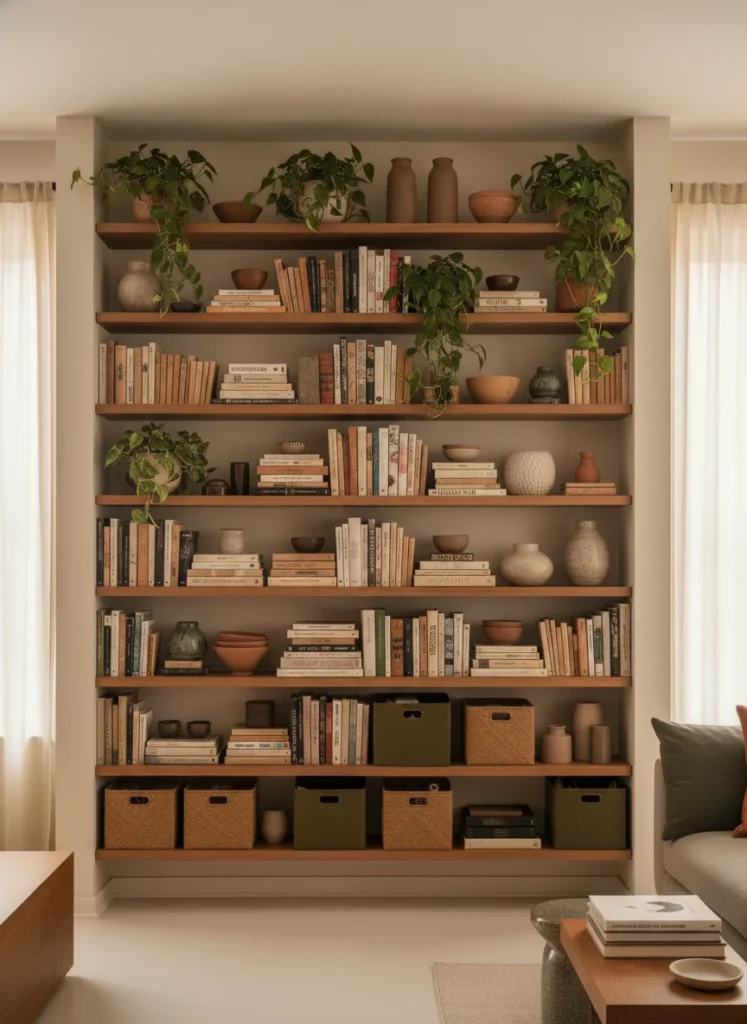 Editorial interior photography of a studio apartment under 400 square feet showing a full wall of floating shelves from approximately 18 inches above the floor to within 6 inches of the ceiling, the shelves hold books, plants, ceramics and storage boxes in a warm earthy palette, the floor beneath the shelves is completely clear, the vertical storage tower uses the wall height rather than the floor footprint, warm ambient light, terracotta and sage accents, no people, photorealistic, ultra high resolution, vertical portrait 1000x1500