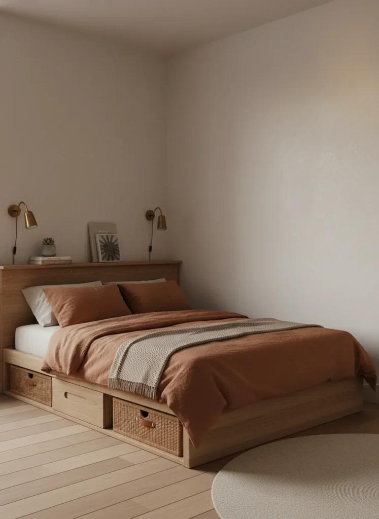  Editorial interior photography of the sleeping zone of a studio apartment under 400 square feet, a low profile platform bed in natural wood approximately 12 inches from floor to frame top sits against the wall with terracotta linen bedding, the low height of the bed makes the ceiling feel higher and leaves more wall space above for a floating shelf and wall-mounted sconce lighting, under-bed storage boxes visible on one side, the sleeping zone is clean and considered, warm evening light, no people, photorealistic, ultra high resolution, vertical portrait 1000x1500