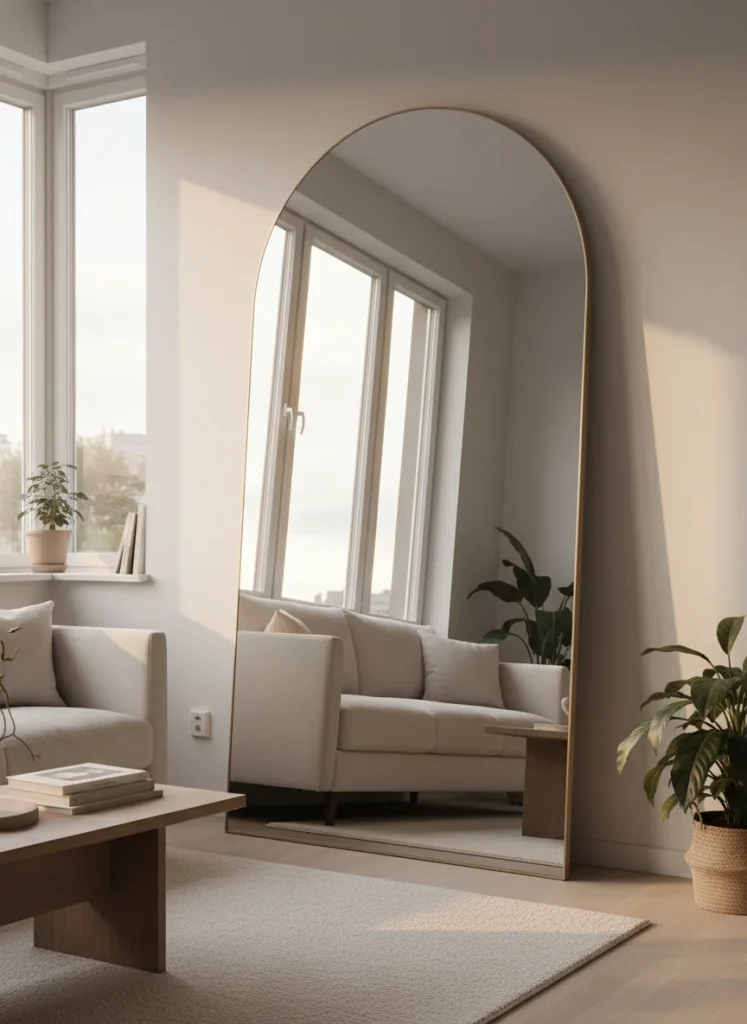 Editorial interior photography of a studio apartment under 400 square feet showing a large arch-shaped leaning mirror approximately 65 inches tall positioned in the living zone against the wall directly across from the window, the mirror reflects the full window and the room behind the camera making the studio appear to continue beyond its actual walls, cream sofa visible to the left of the mirror, the reflected light dramatically brightens the living zone, warm afternoon natural light, no people, photorealistic, ultra high resolution, vertical portrait 1000x1500
