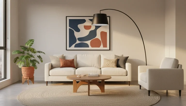 Editorial interior photography of a beautifully designed small apartment living room showing all the hallmarks of professional design, a large jute rug anchoring the seating area with all sofa legs resting on it, one oversized arc floor lamp positioned over the sofa, a single large abstract art print on the wall above the sofa, furniture pulled slightly away from the walls, one large monstera plant in a terracotta pot in the corner, cream sofa with three intentionally chosen throw pillows, warm afternoon light, no people, photorealistic, ultra high resolution, vertical portrait 1000x1500
