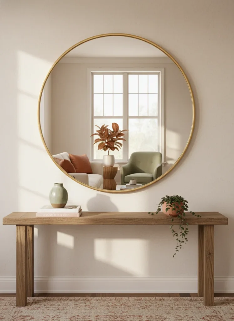 Editorial interior photography of a small living room wall showing a large round brass-framed mirror approximately 36 inches in diameter hung on the wall across from the window, the mirror reflects the window light and the opposite seating area making the room appear significantly larger and brighter, a cream sofa visible in the mirror reflection, warm afternoon light, terracotta and sage accent colors, no people, photorealistic, ultra high resolution, vertical portrait 1000x1500