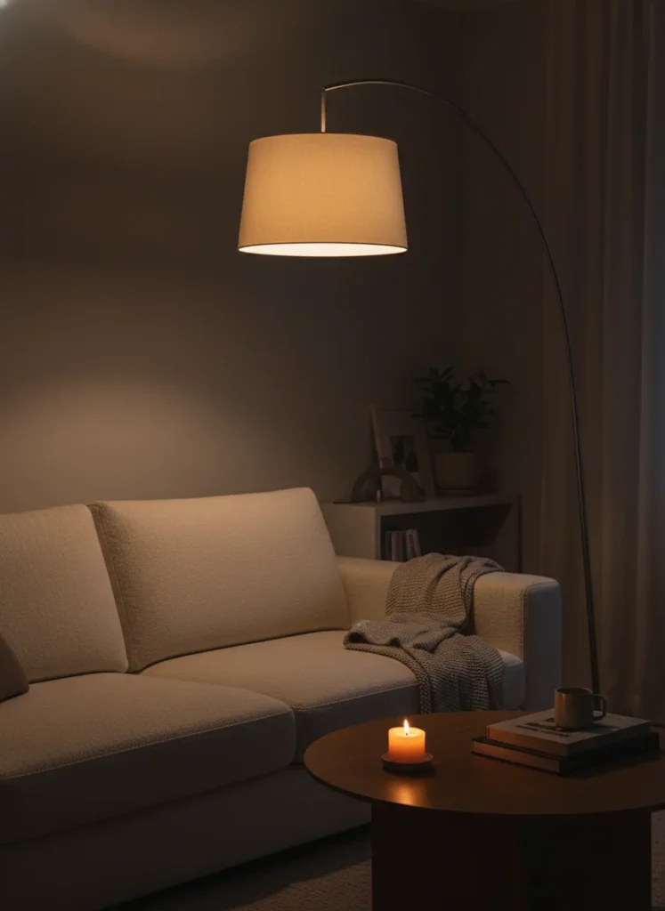Editorial interior photography of a small apartment living room at dusk lit entirely by a single arc floor lamp positioned to reach over the cream sofa, warm amber light pools downward from the cream linen shade illuminating the sofa and coffee table below, the overhead light is completely off, the room feels intimate and considered, a small candle on the coffee table adds a secondary warm light source, dark corners create atmospheric depth, no people, photorealistic, ultra high resolution, vertical portrait 1000x1500