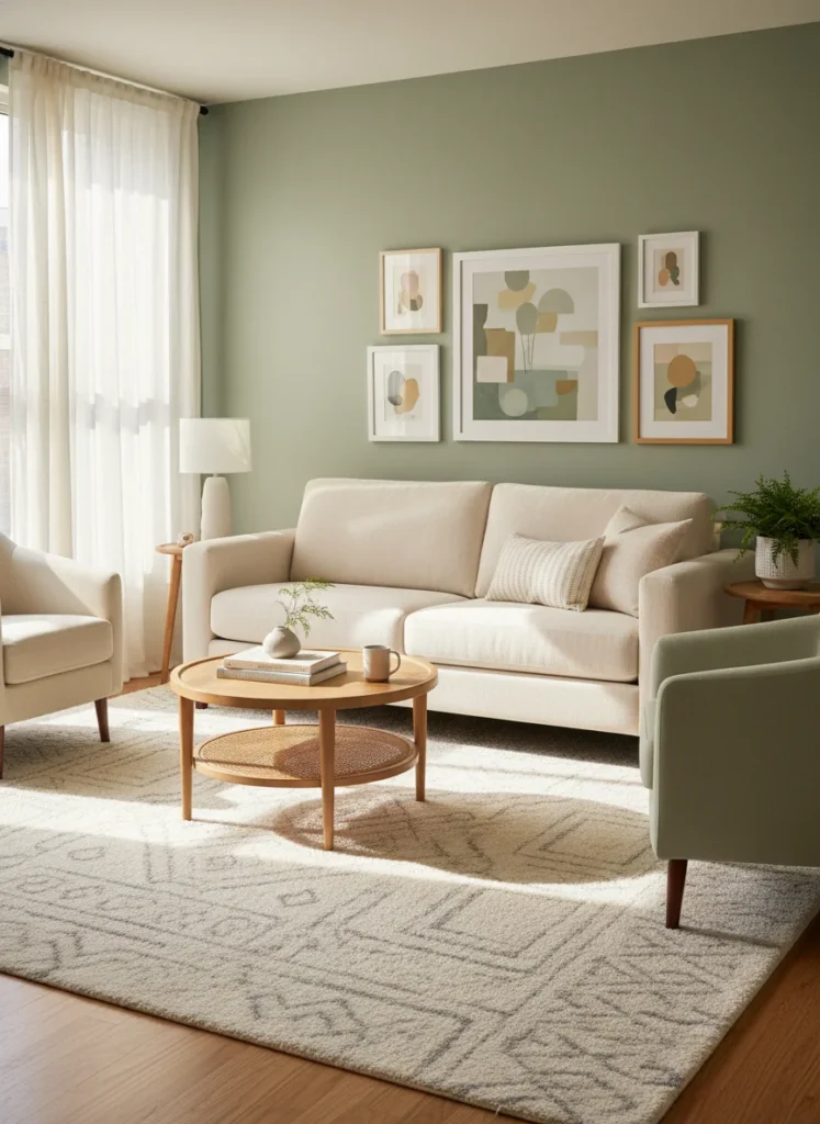 Editorial interior photography of a small apartment living room showing furniture arranged with the sofa pulled about 12 inches away from the wall, creating visible breathing room between the sofa back and the wall behind it, this makes the furniture grouping look like a deliberate composition rather than furniture pushed to the perimeter, a small side table visible behind the sofa end, warm afternoon light, cream and sage palette, no people, photorealistic, ultra high resolution, vertical portrait 1000x1500