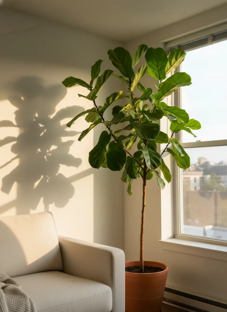 Editorial interior photography of a small apartment living room corner showing a large fiddle leaf fig or monstera plant approximately 5 feet tall in a matte terracotta pot positioned between the sofa end and the window, the plant's height draws the eye upward making the ceiling feel higher, its large tropical leaves frame the window and add an organic living presence to the room, warm afternoon window light, cream sofa visible to the left, no people, photorealistic, ultra high resolution, vertical portrait 1000x1500