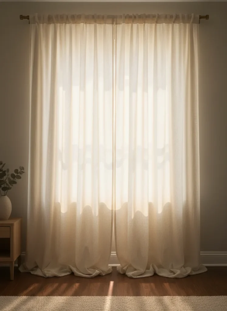 Editorial interior photography of a small living room window showing cream linen curtains mounted near the ceiling hanging all the way to the floor and pooling approximately 2 inches on the floor, the pooling effect makes the curtains look expensive and the ceiling feel higher, warm afternoon light filtering through the semi-sheer fabric, the full-length curtains dwarf the window making it appear larger than it is, no people, photorealistic, ultra high resolution, vertical portrait 1000x1500