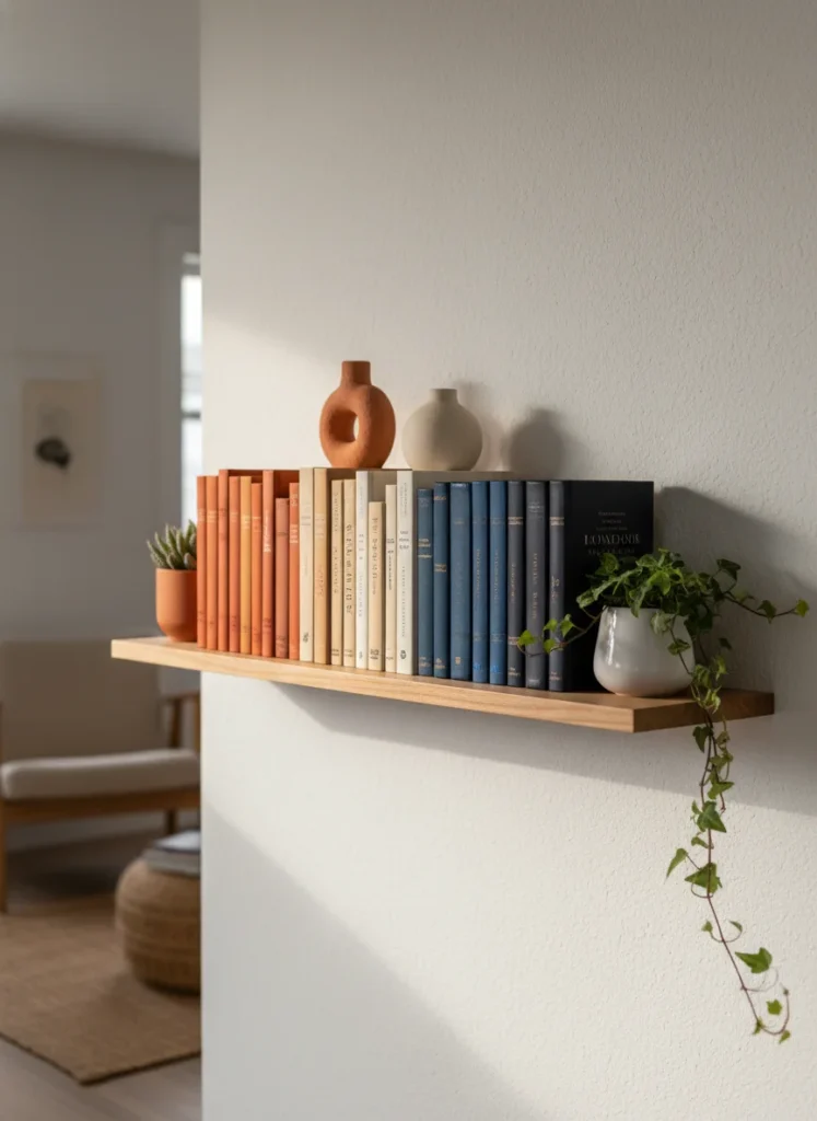 Editorial interior photography of a single floating shelf in a small living room styled with books displayed with their spines grouped by color, terracotta and warm tones on the left transitioning to cream and white in the middle then dark spines on the right, a small plant at each end of the shelf, two small ceramic objects between the groupings, the shelf looks like a designed display rather than storage, warm side lighting, white wall, no people, photorealistic, ultra high resolution, vertical portrait 1000x1500