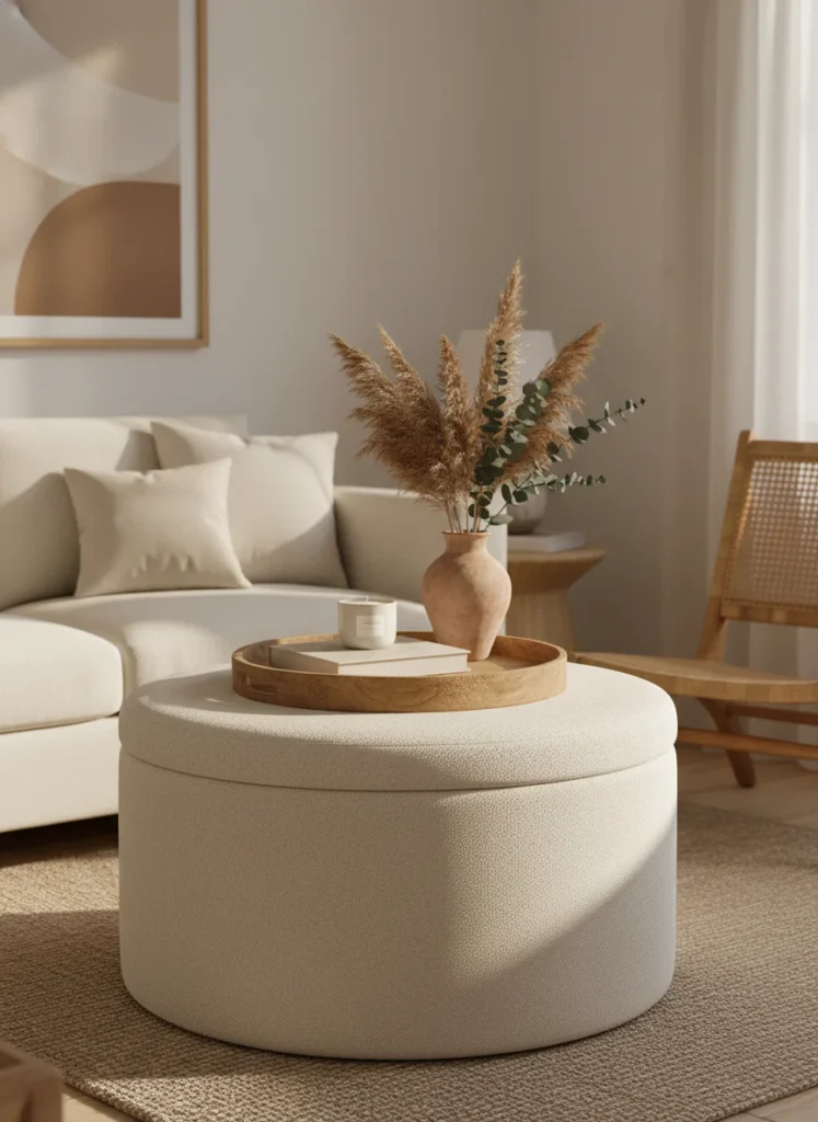 Editorial interior photography of a small living room coffee table area showing a large round storage ottoman in cream boucle fabric serving as the coffee table, a large round wood tray sits on top of the ottoman holding a coffee table book, a small candle and a terracotta vase with dried stems, the ottoman is large enough to anchor the seating area, the room is styled minimally around it, warm afternoon light, cream and earth tones, no people, photorealistic, ultra high resolution, vertical portrait 1000x1500