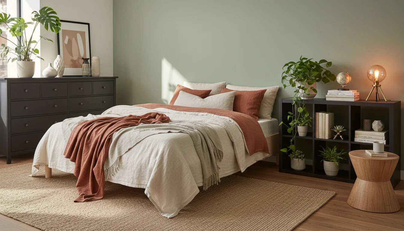 A small bedroom transformed with IKEA furniture that looks expensive. IKEA HEMNES dresser with upgraded black hardware pulls, MALM bed frame with layered linen bedding, KALLAX shelving unit styled with plants and books, warm Edison lamp on a LACK side table. The room feels designed and intentional, not like a catalog photo. Interior photography, warm natural light.