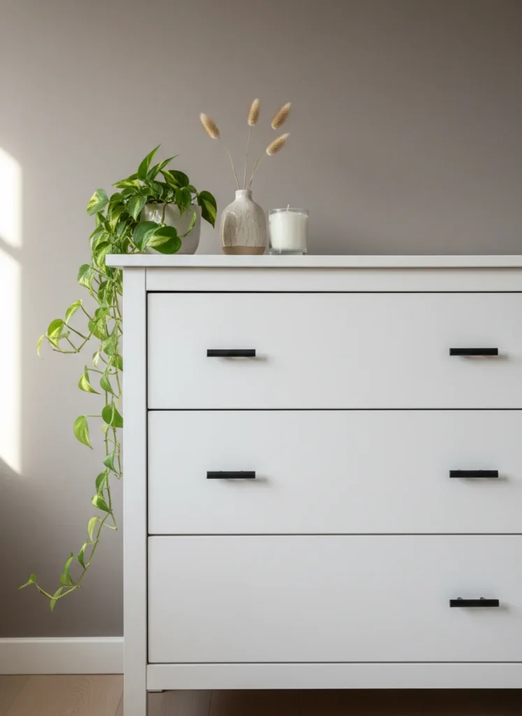 Close-up of an IKEA HEMNES dresser with original white finish, upgraded with matte black bar pulls instead of stock hardware. A small ceramic vase, a candle, and a trailing plant sit on top. The piece looks boutique and intentional. Interior styling photography.