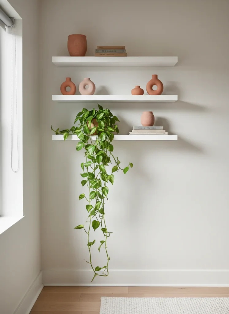 Three IKEA LACK shelves mounted near the ceiling of a small bedroom, styled with small terracotta ceramics, a trailing pothos plant that cascades down the wall, and a few books. The high shelf line draws the eye upward, making the ceiling feel taller. Warm interior photography.