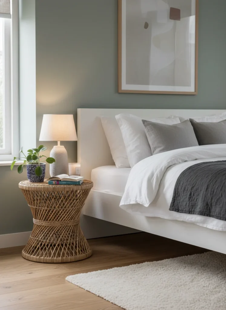 An IKEA MALM bed frame with a rattan wicker side table as a nightstand. On the table: a warm table lamp, a small plant in a ceramic pot, a book, and a candle. The mix of IKEA's clean lines with the natural rattan texture looks intentional and designed. Interior photography.