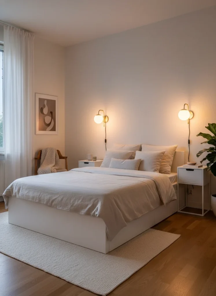 A small bedroom with an IKEA MALM bed, lit by two plug-in wall sconces mounted above each nightstand instead of table lamps. The bulbs cast a warm amber glow. The room looks like a boutique hotel. No ceiling light visible. Interior photography, evening atmosphere.