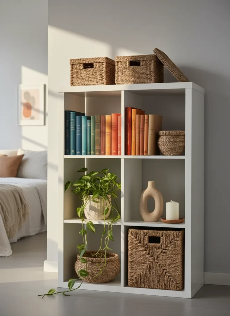 An IKEA KALLAX 2x4 unit styled in a bedroom. Some cubes have woven seagrass baskets, one has books arranged by color, one has a small trailing plant, one is empty, one has a ceramic vase and a candle. The overall effect is curated and intentional, not like the IKEA catalog. Interior photography, warm light.