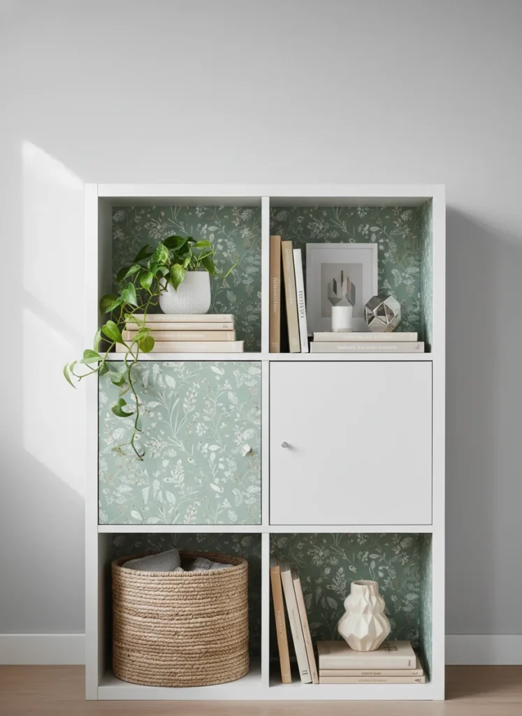 An IKEA KALLAX 4-cube unit with the back panel of two cubes lined with removable wallpaper in a warm sage green botanical print. The other cubes have books, a plant, and a ceramic vase in front of the plain back. The contrast makes the styled cubes look intentional and designed. Interior styling photography.