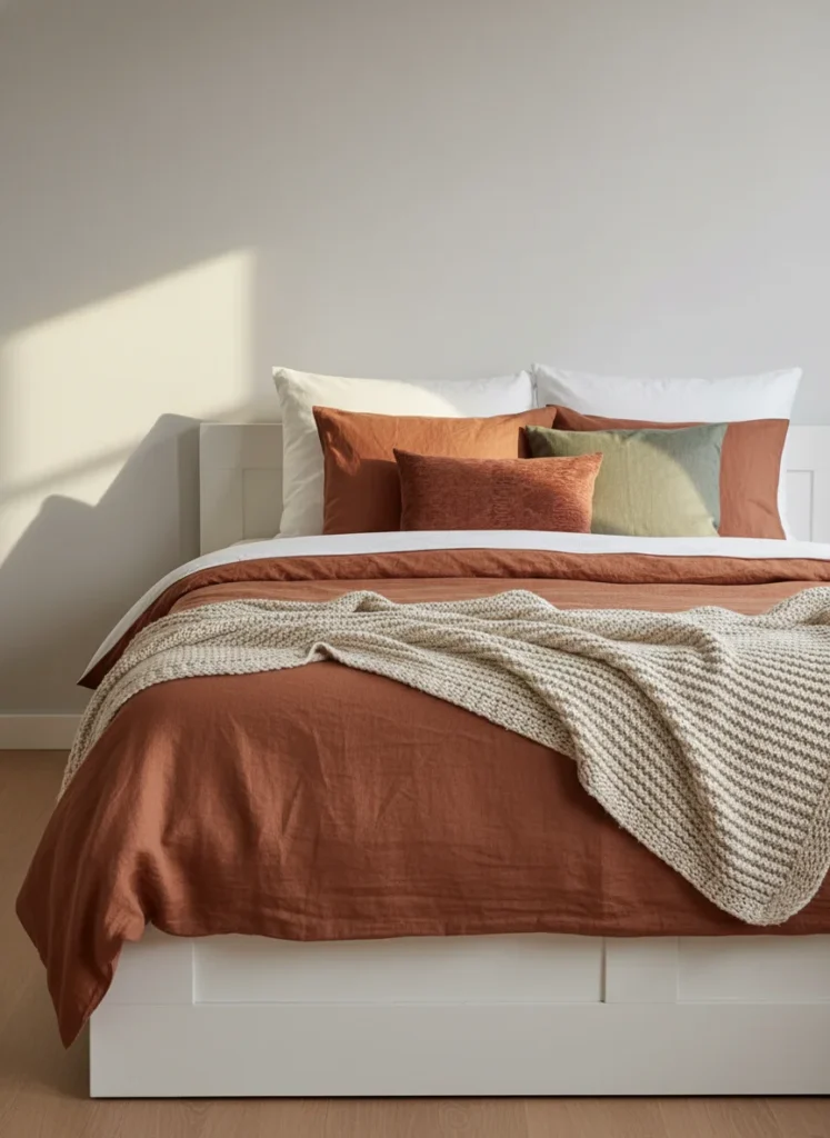 An IKEA MALM bed frame in white with premium-looking layered bedding: a terracotta linen duvet cover, a cream chunky knit throw at the foot, two white euro shams, and two accent pillows in rust and sage. The simple bed frame disappears and the bedding becomes the whole statement. Interior photography, warm natural light.