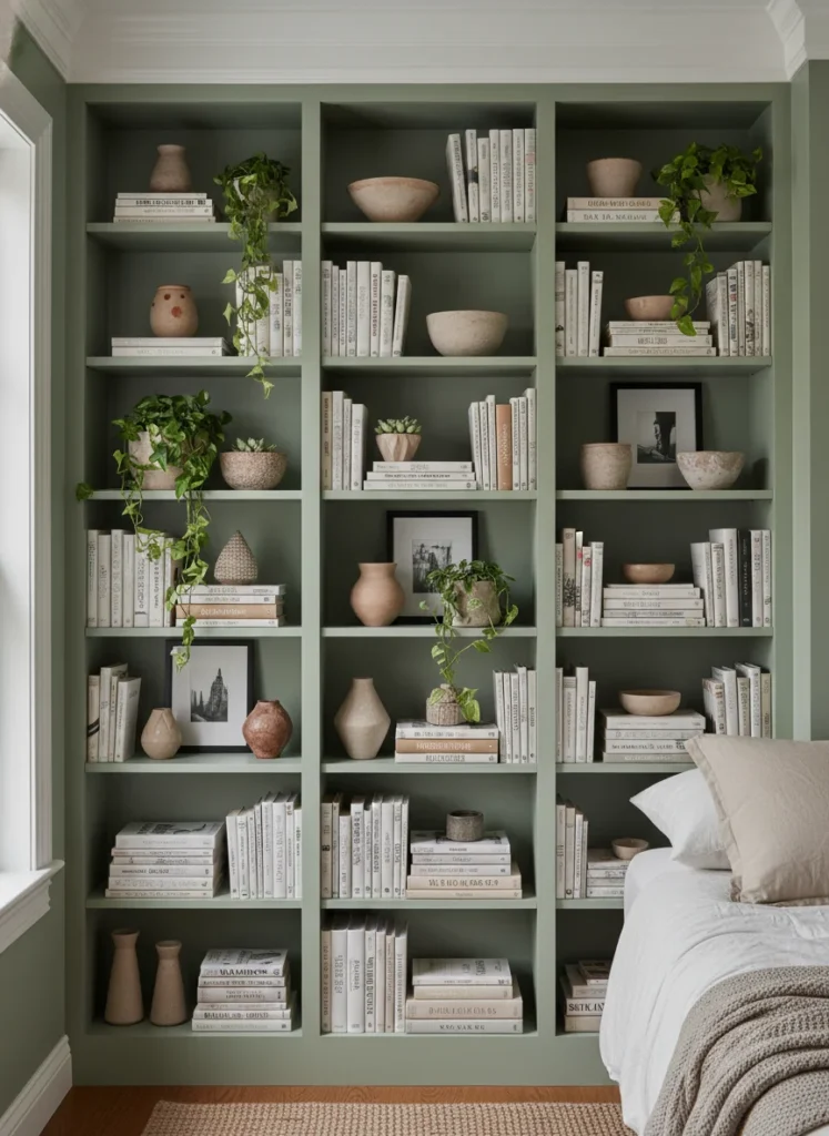 A small bedroom wall lined with three IKEA BILLY bookcases painted the same color as the wall, topped with white crown molding that meets the ceiling. The shelves are styled with books, plants, ceramics, and framed art. The whole thing reads as a custom built-in bookcase wall. Interior photography, warm light.