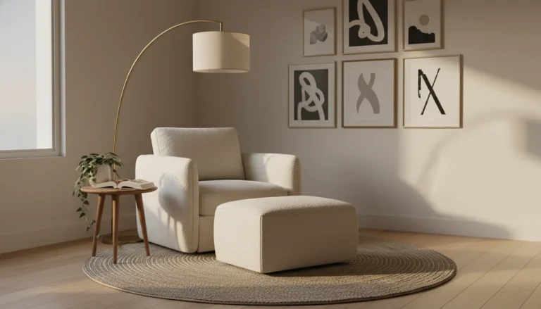 A styled bedroom corner with a cream boucle reading chair, tall arc floor lamp, small round side table with a plant and a book, and a woven rug underneath. Warm evening light. Cozy, intentional, personal. Interior photography.