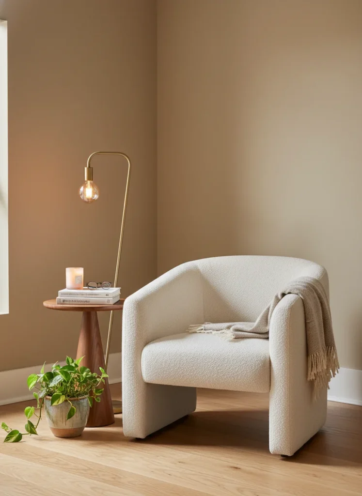A small bedroom corner with a compact cream boucle reading chair, a thin arc floor lamp with a warm amber bulb, a round walnut side table with a candle and stack of books, and a small pothos plant on the floor beside it. Warm cozy bedroom corner styling, interior photography.