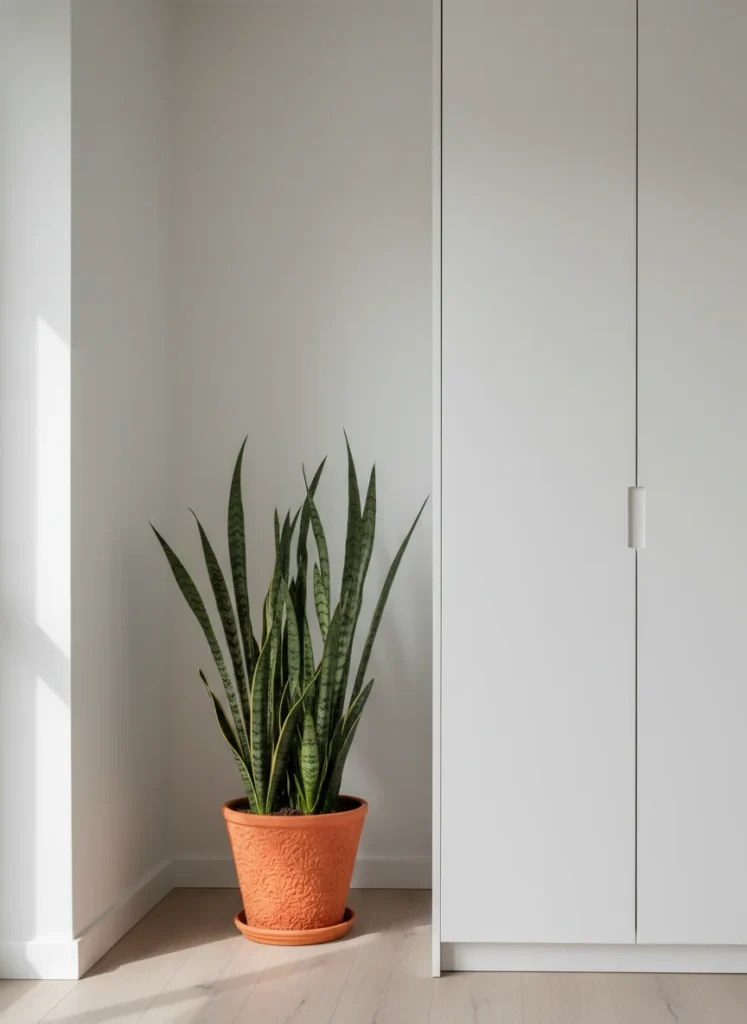 A narrow bedroom corner between a white wardrobe and a wall, filled with a tall snake plant in a terracotta pot on the floor. The plant's height matches the wardrobe, softening the transition between the furniture edge and the wall. Natural light, clean interior photography.