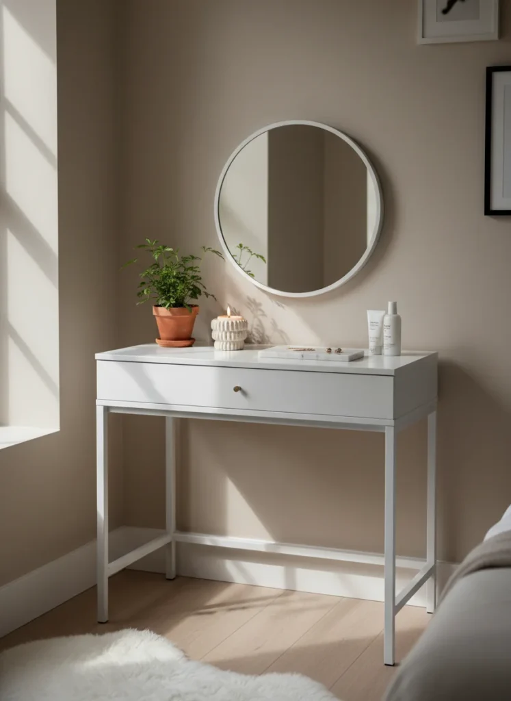 A bedroom corner with good natural light containing a small white vanity desk with a round mirror, a small plant, a candle in a ceramic holder, and a minimal tray with jewelry and skincare. Soft morning light through a nearby window. Interior photography.