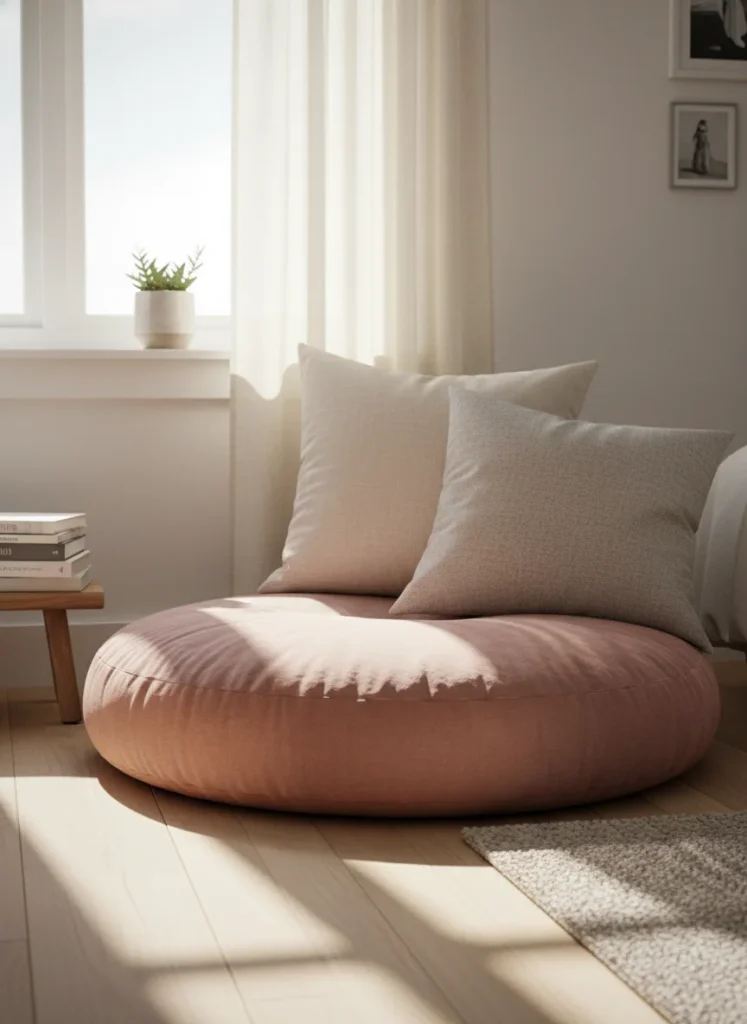A bedroom corner next to a window with a large round floor cushion in dusty rose, two oversized throw pillows leaning against the wall, a small plant on the windowsill, and warm sheer curtains letting in soft light. Cozy window corner reading nook. Interior photography.