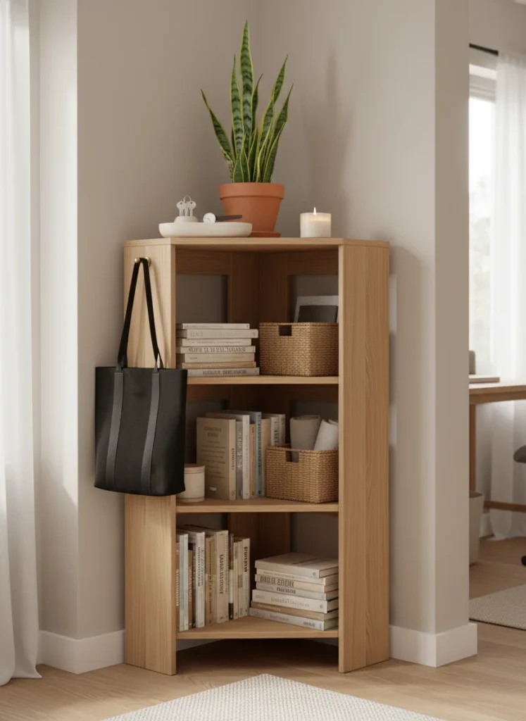 A formerly cluttered bedroom corner now organized with a tall corner shelf unit in light wood. Top shelf has a ceramic tray with keys and small items, a plant, and a candle. Lower shelves have neatly stacked books and a small woven basket. A hook on the side holds a bag. Clean, intentional, practical. Interior photography.