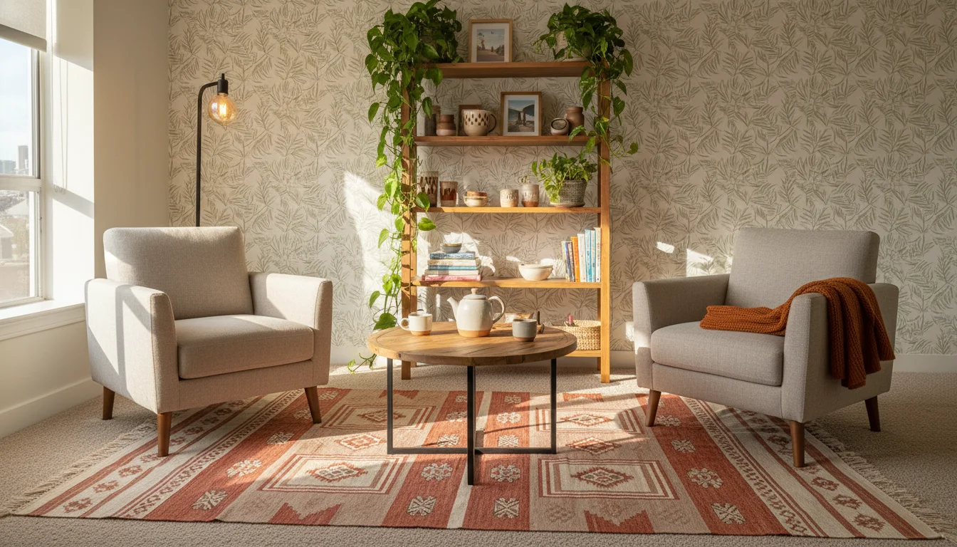 A cozy rental apartment living room that feels personal and lived-in. Large patterned area rug in warm terracotta and cream over beige carpet. Freestanding bookshelf styled with plants, ceramics, and books. Removable peel-and-stick wallpaper accent on one wall in a subtle botanical print. Warm Edison bulb floor lamp. Lush pothos trailing from a shelf. Interior photography, golden hour light.