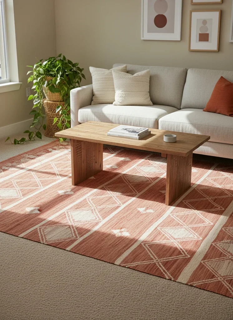 An 8x10 terracotta and cream patterned area rug covering a rental apartment's beige carpet, with a light linen sofa, wooden coffee table, and trailing plant in the background. Warm natural light. Interior styling photography.
