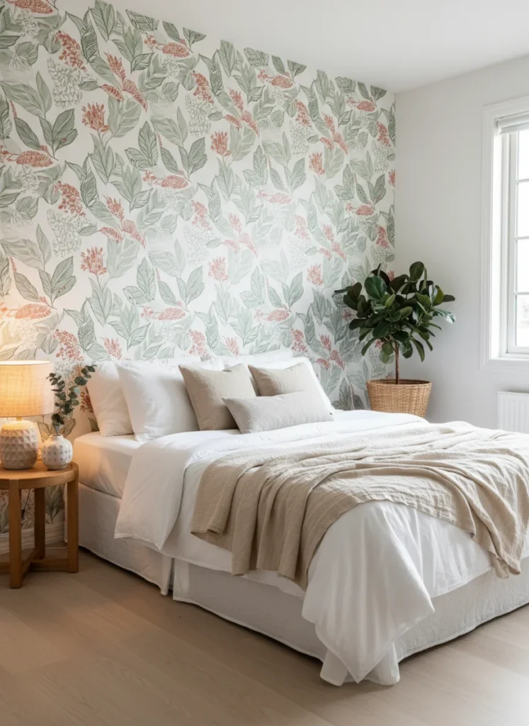 A rental bedroom with a removable peel-and-stick wallpaper accent wall in a warm botanical print with large leaves in sage green and terracotta on a cream background. White bed with layered neutral bedding, warm bedside lamp, small ceramic vase. Cozy, personal, styled. Interior photography natural light.