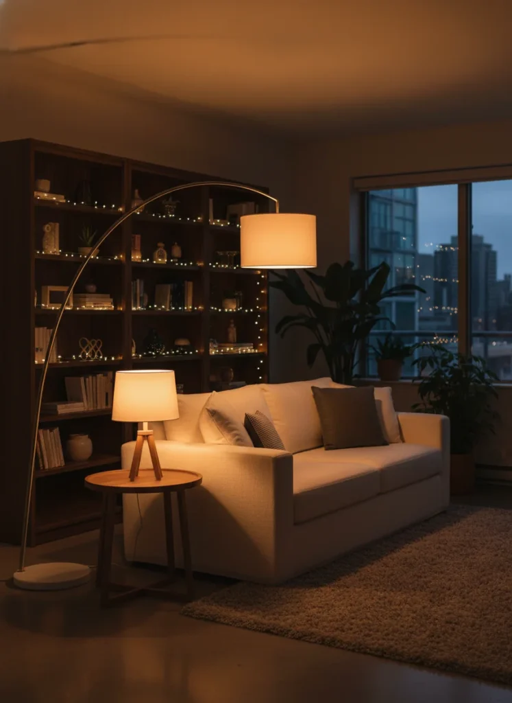 A rental apartment living room in the evening with warm layered lighting. A tall arc floor lamp with a warm amber glow next to a linen sofa. String lights along a bookshelf. A small table lamp on a side table. The overhead light is off. Cozy, warm, atmospheric interior photography.