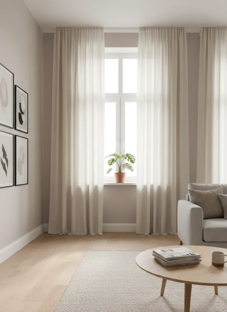 Tall linen curtains hung ceiling-to-floor in a rental apartment, framing a window and making the ceiling appear taller. The curtains are warm cream colored with a slight texture. Natural light filters through. A small indoor plant sits on the windowsill. Interior photography.