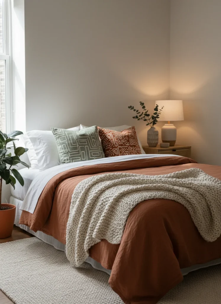 A rental apartment bedroom with layered bedding: a warm terracotta linen duvet, a chunky cream knit throw draped at the foot, and two patterned accent pillows in sage and rust. Small nightstand with warm lamp and ceramic vase. Personal, styled, not generic. Interior photography natural light.