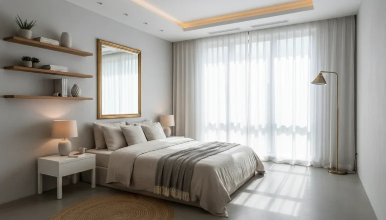 A small bedroom that feels open and spacious despite limited square footage. Light linen bedding, a large mirror leaning against the wall, floating shelves mounted high, sheer curtains hung ceiling-to-floor, warm layered lighting. The room feels airy and deliberate. Interior photography, natural daylight.