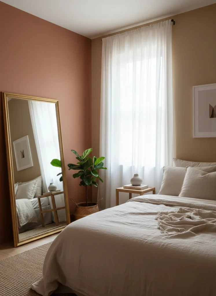 A small bedroom with a large full-length leaning mirror positioned opposite the window. The mirror reflects the window light and the opposite wall, creating the illusion of a deeper, more spacious room. Light linen bedding, warm toned walls. Interior photography.