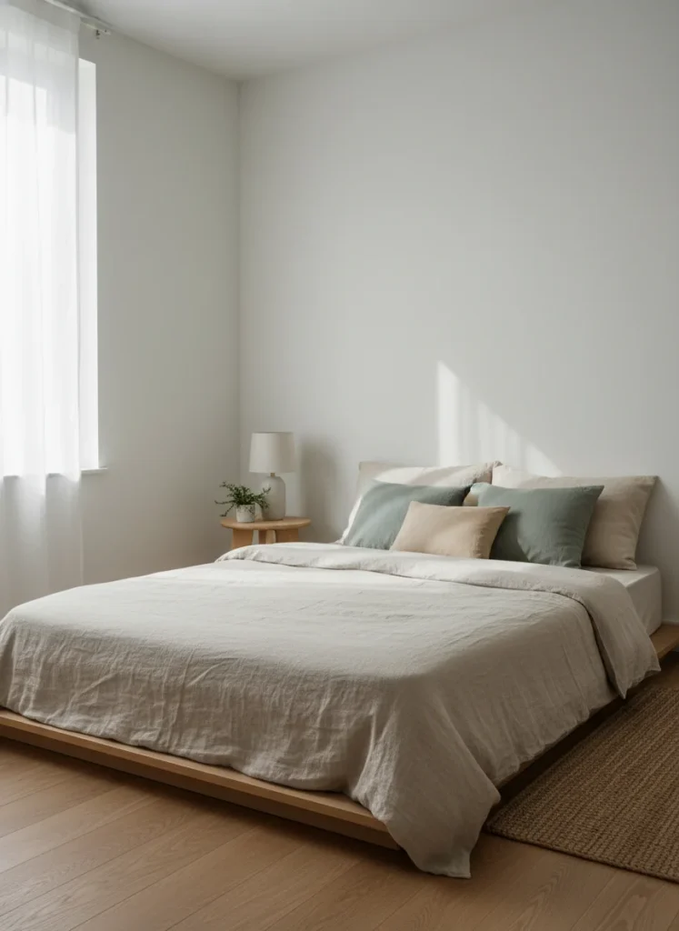 A small bedroom with light oatmeal linen bedding on a low platform bed. The soft neutral tones make the room feel open and airy. Layered pillows in sage and warm cream. Natural light from a nearby window. Interior photography, spacious feel despite small dimensions.