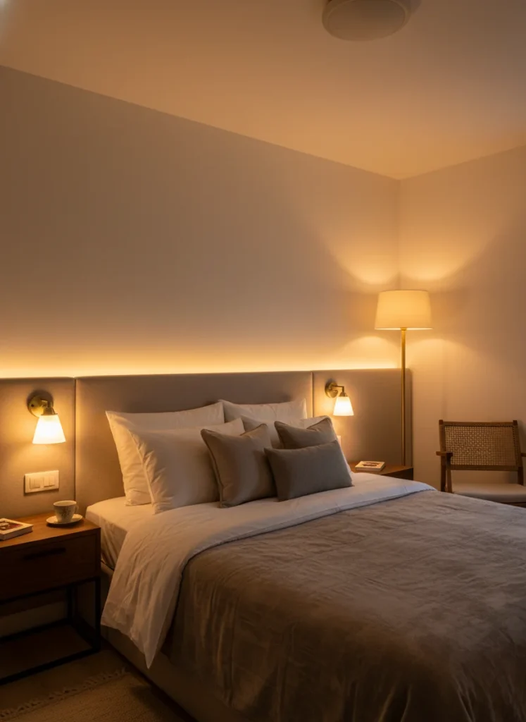 A small bedroom at evening with layered lighting: plug-in wall sconces on each side of the bed, a warm floor lamp in the corner, and soft LED strip lighting behind the headboard. The overhead light is off. The room feels warm, dimensional, and larger than it actually is. Interior photography.